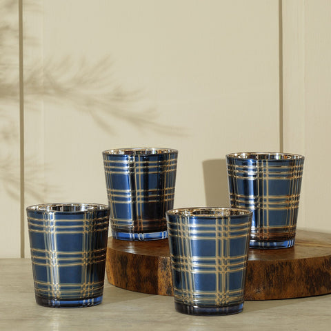 Set Of 4 Blue And Gold Cut Glass Tumblers