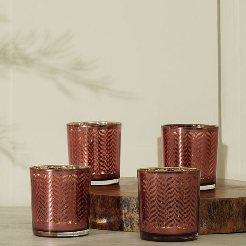 Set Of 4 Pink & Gold Herringbone Glass Votive Holders