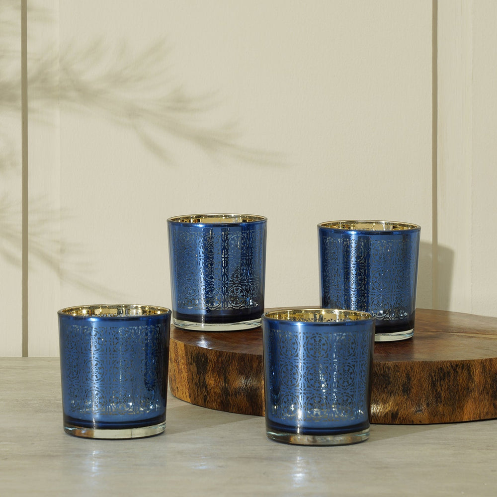 Set Of 4 Blue And Gold Patterned Glass Votive Holders