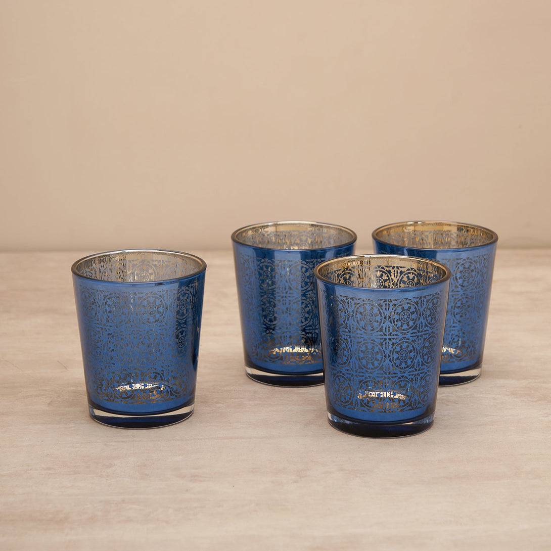 Shop Set Of 4 Blue And Gold Patterned Glass Tumblers at Best Price