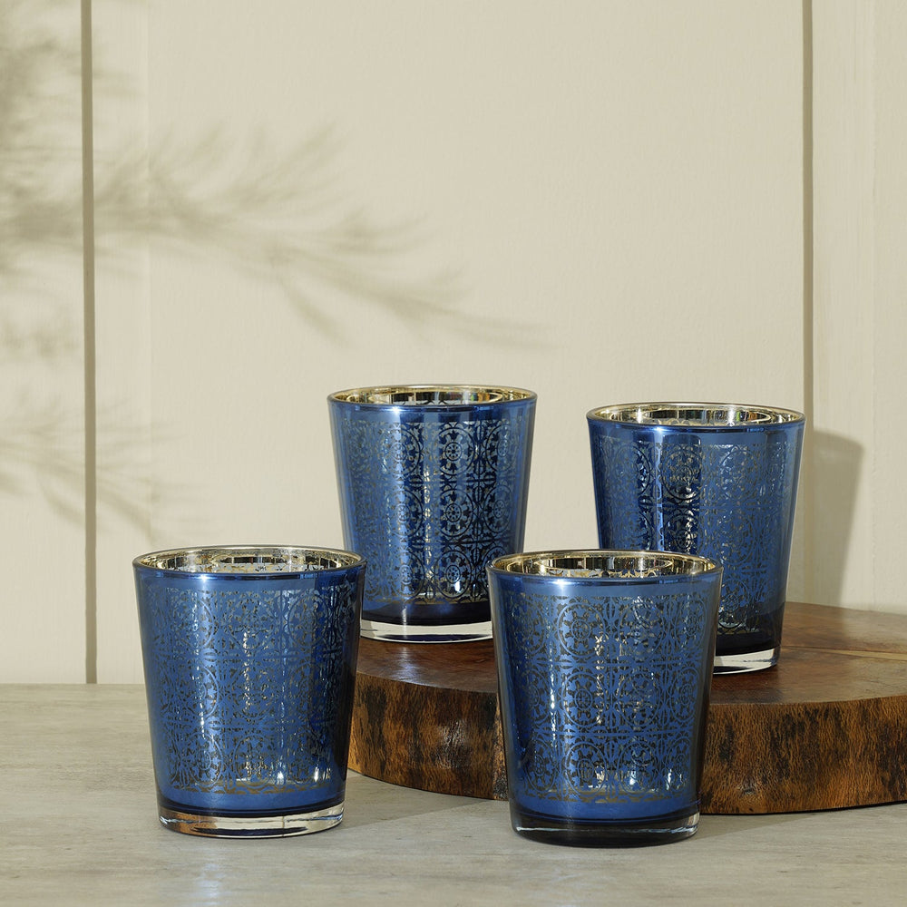 Set Of 4 Blue And Gold Patterned Glass Tumblers
