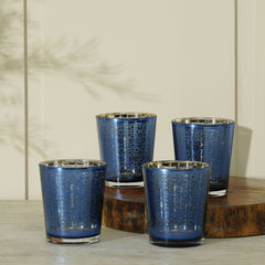 Set Of 4 Blue And Gold Patterned Glass Tumblers