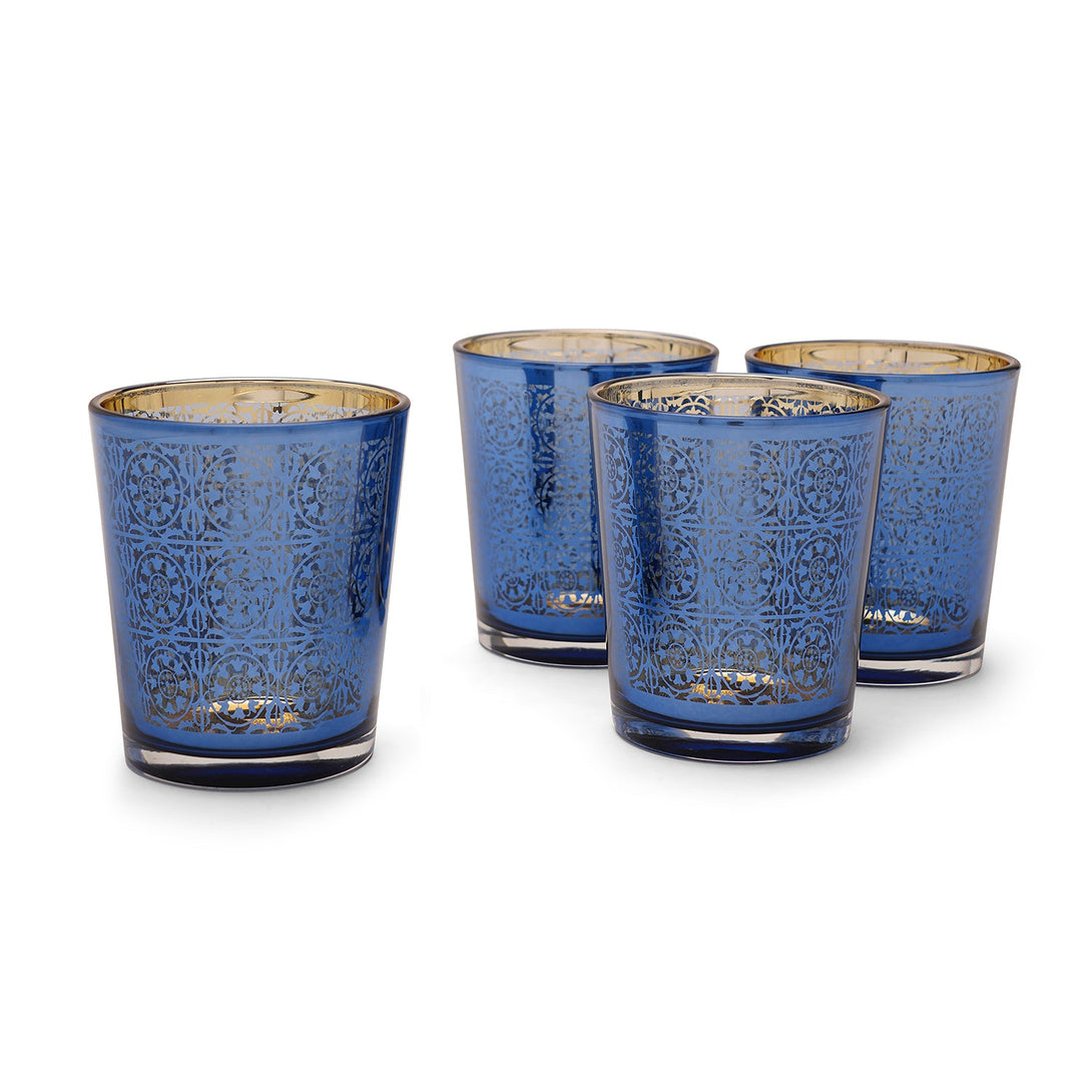 Shop Set Of 4 Blue And Gold Patterned Glass Tumblers at Best Price