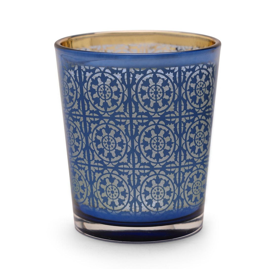 Shop Set Of 4 Blue And Gold Patterned Glass Tumblers at Best Price