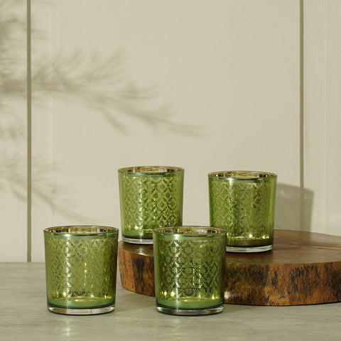 Set Of 4 Green And Gold Patterned Glass Votive Holders