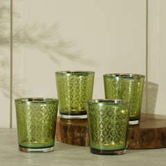 Set Of 4 Green And Gold Patterned Glass Tumblers