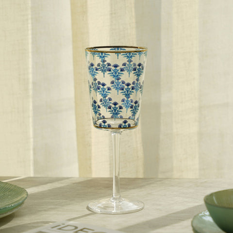 Set Of 4 Blue Floral Pattern Wine Glasses