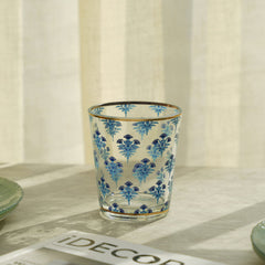Set Of 4 Blue Floral Pattern Glass Tumblers