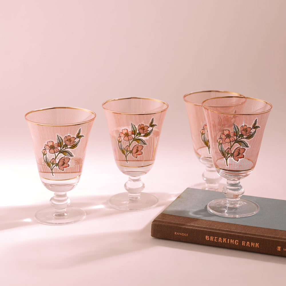 Set Of 4 Pink Floral Pattern Wine Glass