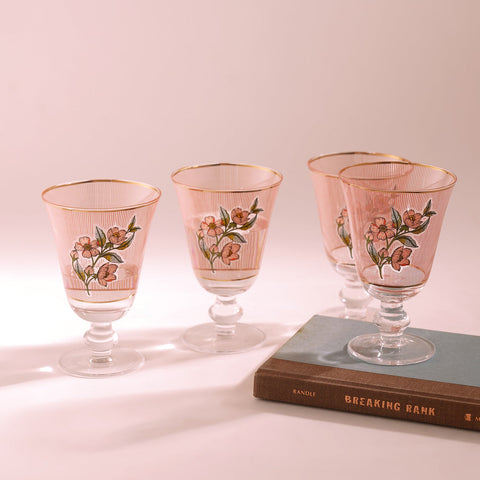 Set Of 4 Pink Floral Pattern Wine Glass