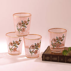 Set Of 4 Pink Floral Pattern Glass Tumbler