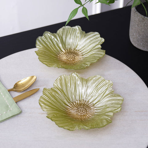 Set Of 2 Green Floral Shaped Glass Serving Bowls