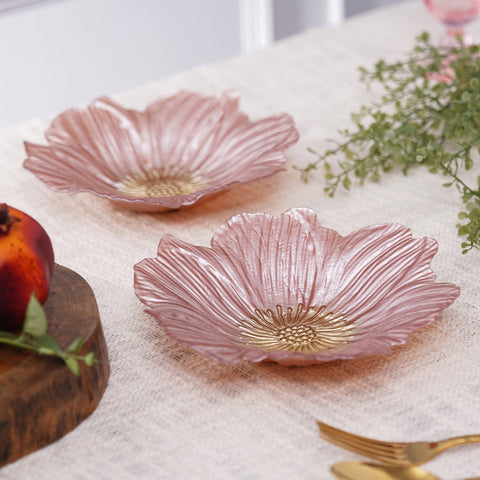 Set Of 2 Pink Floral Shaped Glass Serving Bowls