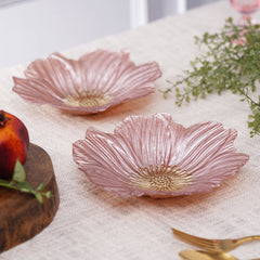 Set Of 2 Pink Floral Shaped Glass Serving Bowls