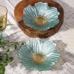 Set Of 2 Blue Floral Shaped Glass Serving Bowls