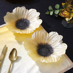 Set Of 2 Yellow Floral Shaped Glass Serving Bowls