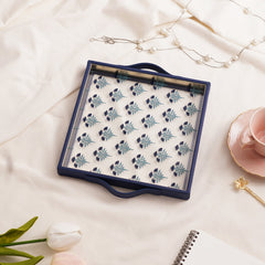 Blue Floral Print Glass Square Faux Leather Tray
