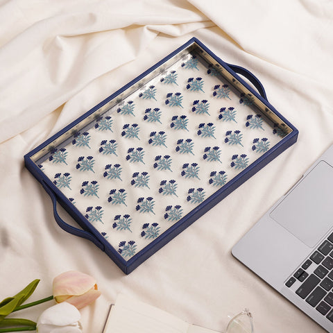 Blue Floral Print Glass Rectangle Faux Leather Tray