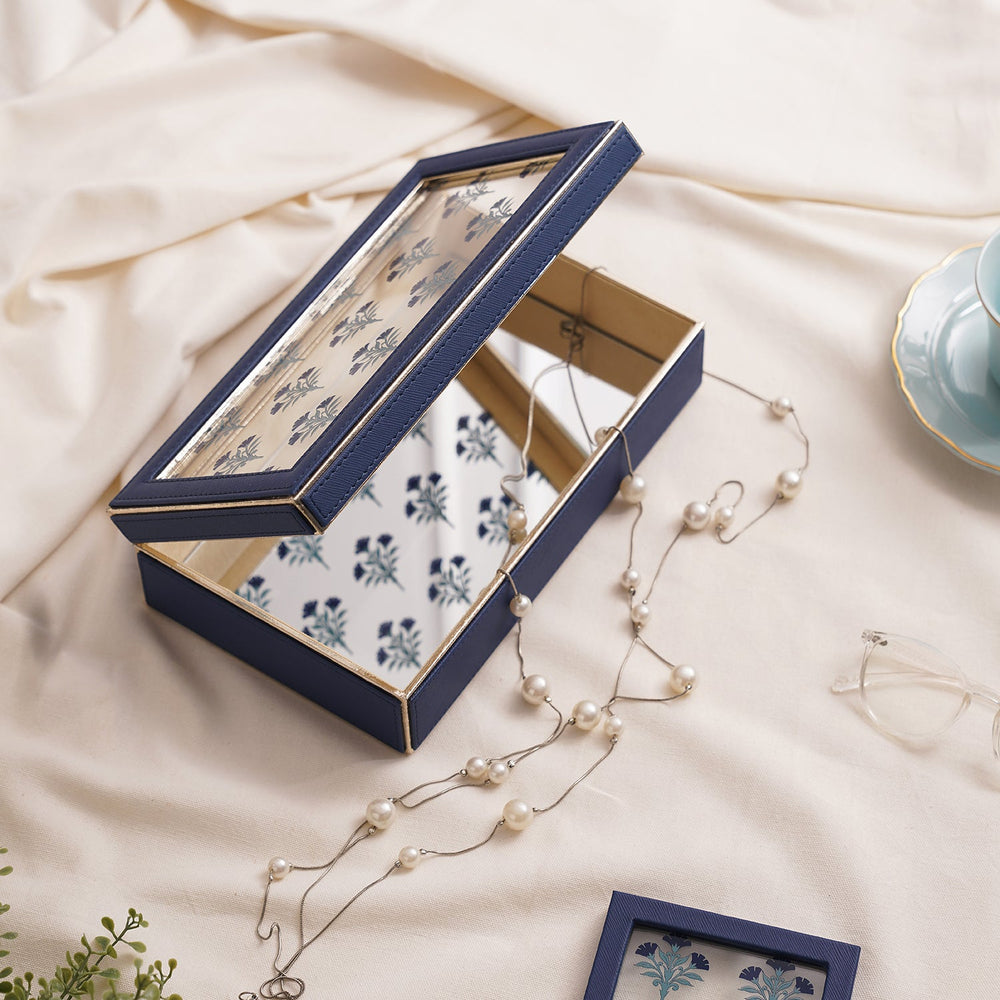 Blue Floral Print Glass Faux Leather Box With Lid