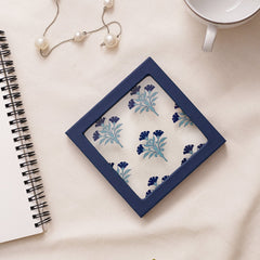 Blue Floral Print Glass Faux Leather Coaster
