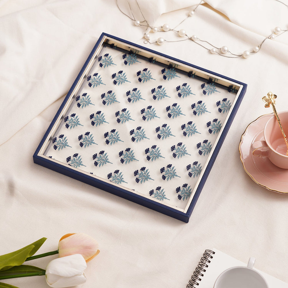 Blue Floral Print Glass Faux Leather Platter