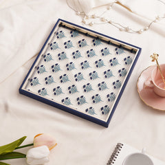 Blue Floral Print Glass Faux Leather Platter