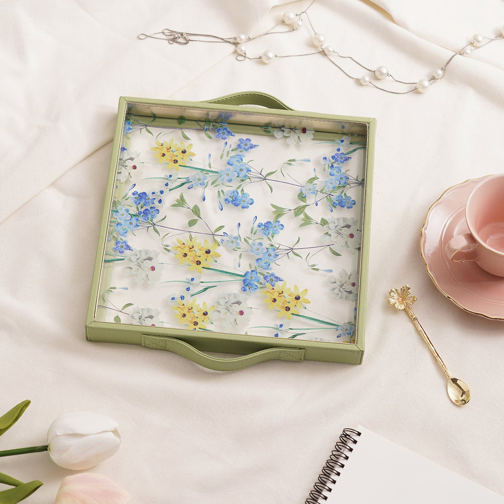 Green Floral Print Glass Square Faux Leather Tray