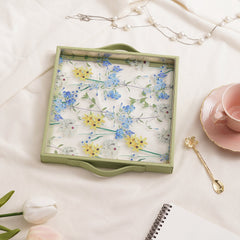 Green Floral Print Glass Square Faux Leather Tray
