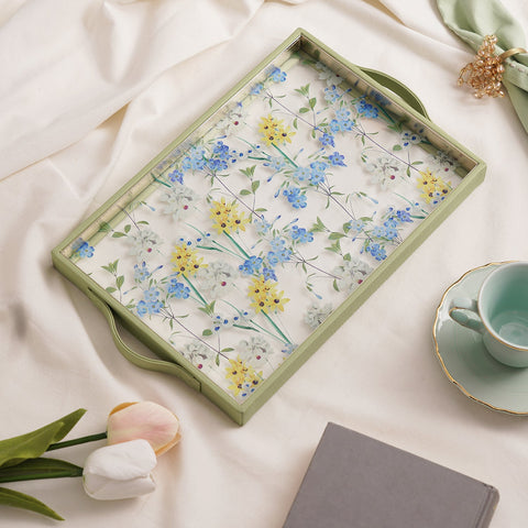 Green Floral Print Glass Faux Leather Tray