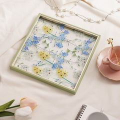 Green Floral Print Glass Faux Leather Platter