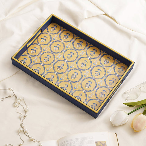 Blue Floral Print Rectangle Faux Leather Tray