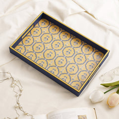 Blue Floral Print Rectangle Faux Leather Tray