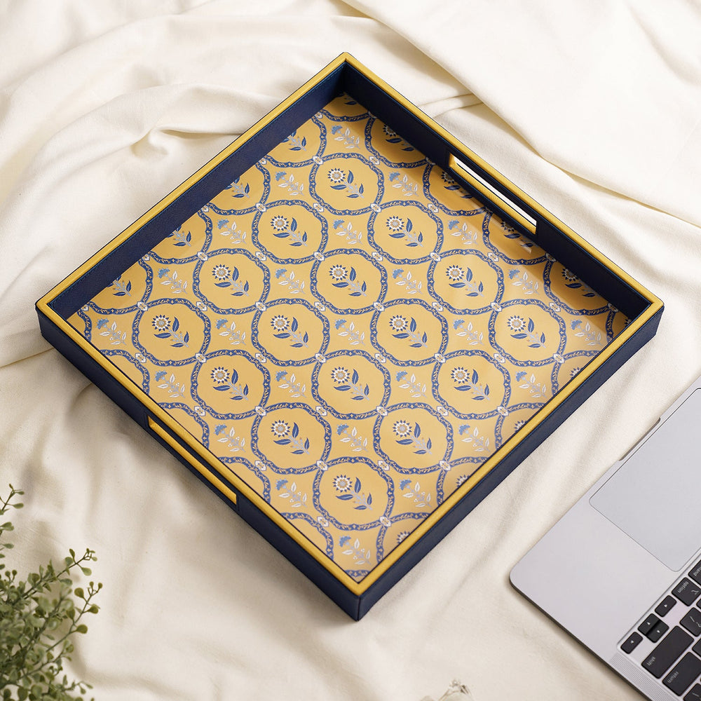 Blue Floral Print Square Faux Leather Tray