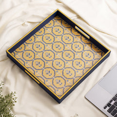 Blue Floral Print Square Faux Leather Tray