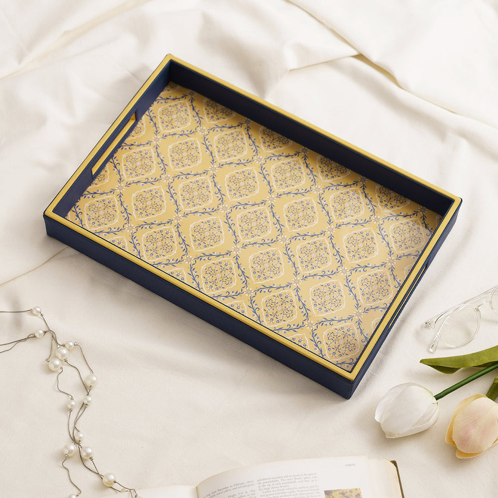 Blue Leaf Print Rectangle Faux Leather Tray