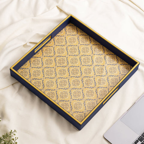 Blue Leaf Print Square Faux Leather Tray