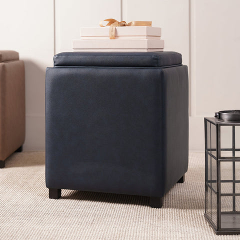 Blue Square Faux Leather Pouffe with Storage