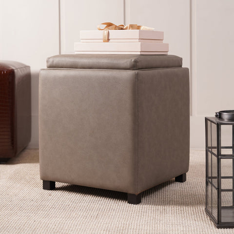 Beige Square Faux Leather Pouffe with Storage