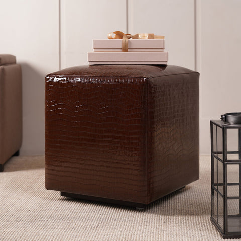 Tan Glossy Finish Faux Leather Pouffe