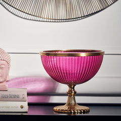 Pink Ribbed Decorative Glass Bowl with Stand