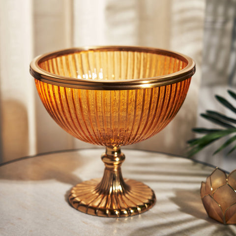 Orange Ribbed Decorative Glass Bowl with Stand