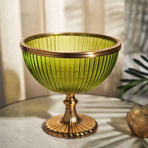 Green Ribbed Decorative Glass Bowl with Stand