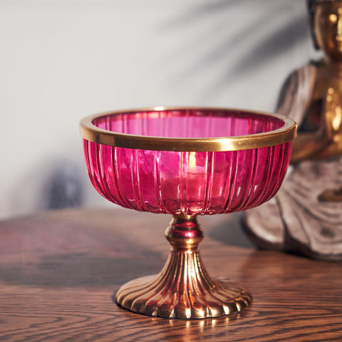 Pink Ribbed Glass Decorative Bowl with Stand