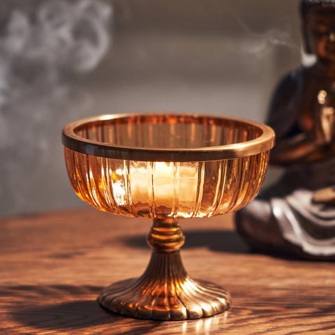 Orange Ribbed Glass Decorative Bowl with Stand - Small