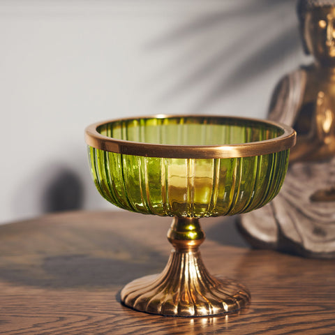 Green Ribbed Glass Decorative Bowl with Stand