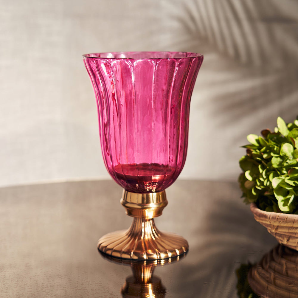 Pink Ribbed Glass Hurricane with Stand