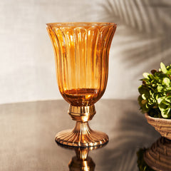 Orange Ribbed Glass Hurricane with Stand