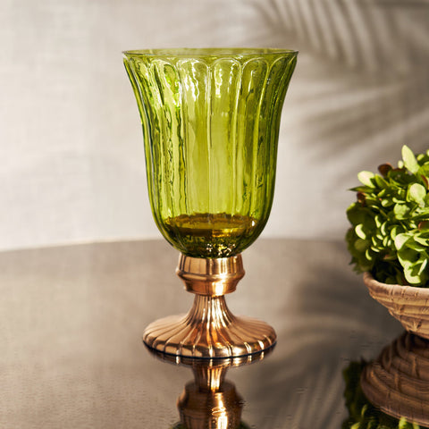 Green Ribbed Glass Hurricane with Stand