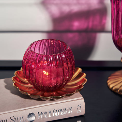 Pink Ribbed T-Light Holder with Stand