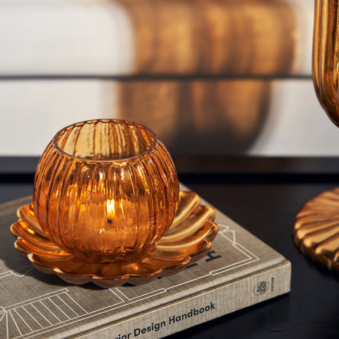Orange Ribbed T-Light Holder with Stand